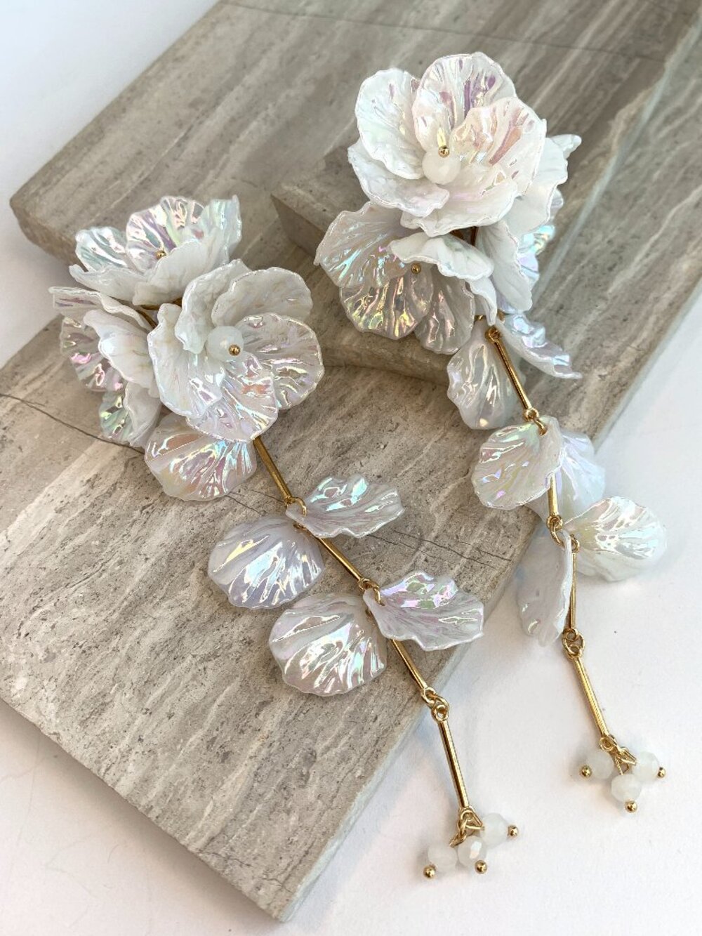 NEW ~ Anthropologie Long White Flower Petal Drop Earrings